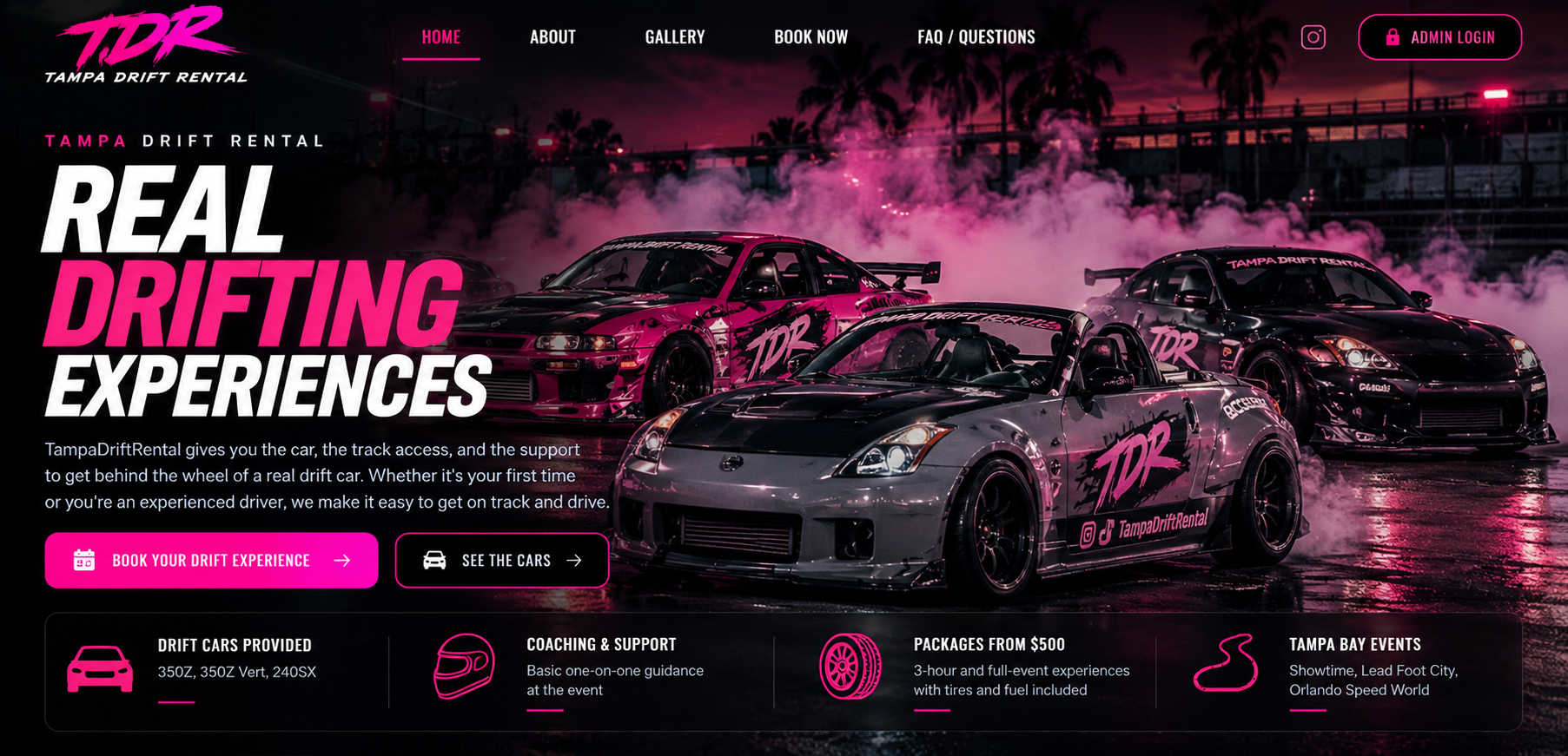 TampaDriftRental real drifting experiences with the TDR 350Z Roadster, 350Z Coupe and 240SX